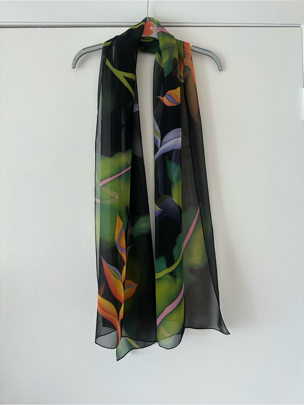 Chico's Black Sheer Scarf with Green, Orange and Purple Floral Print